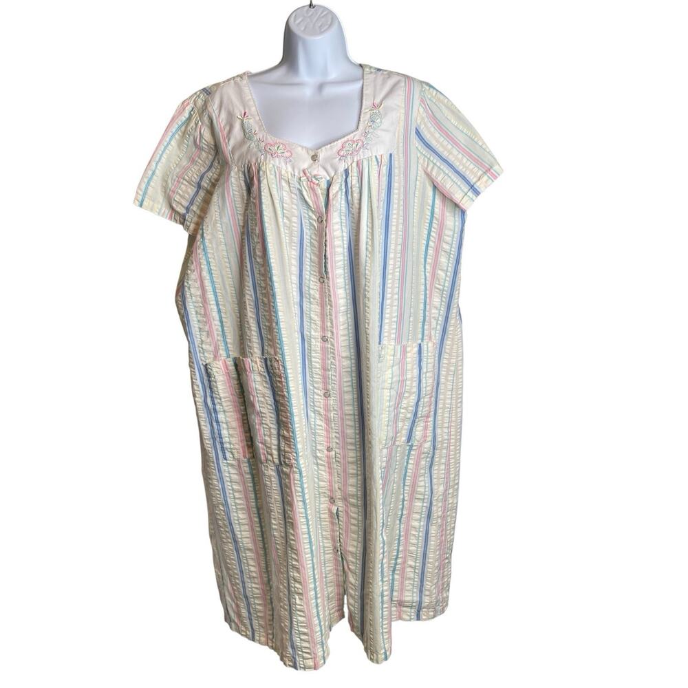 Vtg Kmart Womens Pink Striped Seersucker Kaftan Short 1X Plus Size Lounge Top